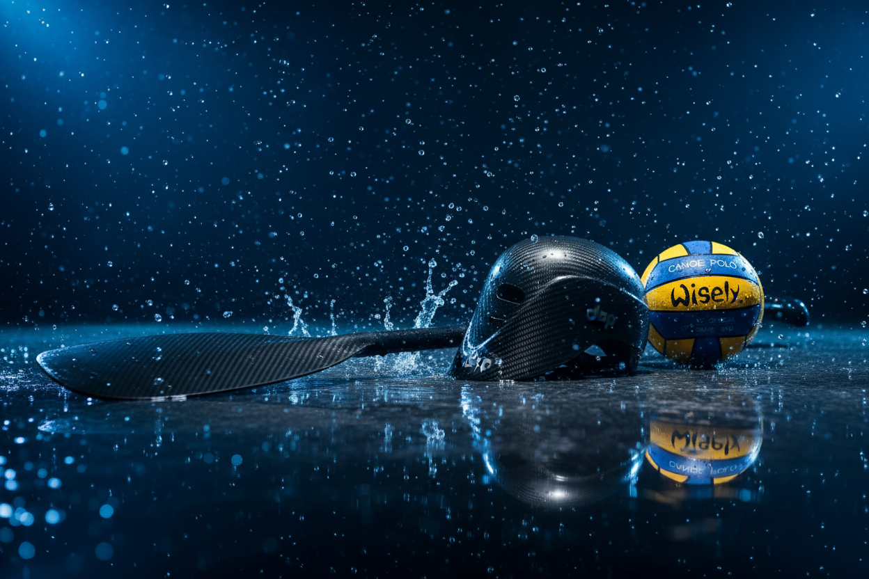 Canoe Polo sfeerfoto met exacte zwarte helm en Wisely bal
